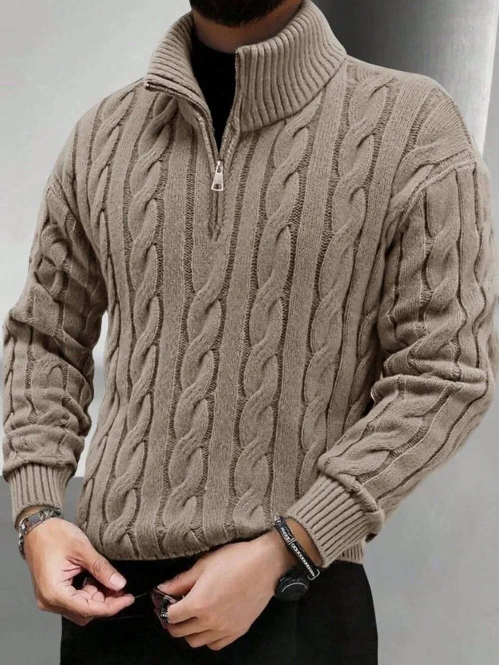 Khaki Casual Men's Half-Zip Knit Polo Sweater